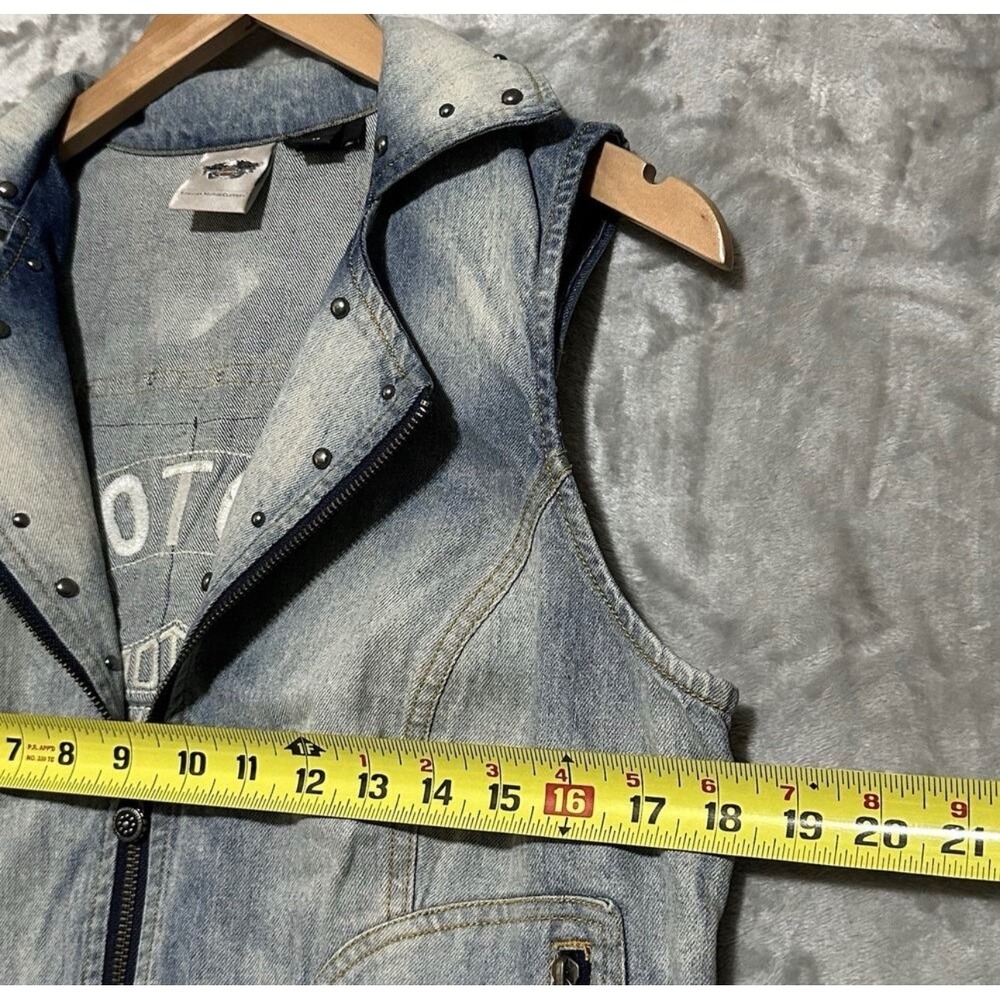 Harley-Davidson Distressed Patchwork Denim Vest Studded Biker Moto Blue Cotton M - Picture 9 of 12